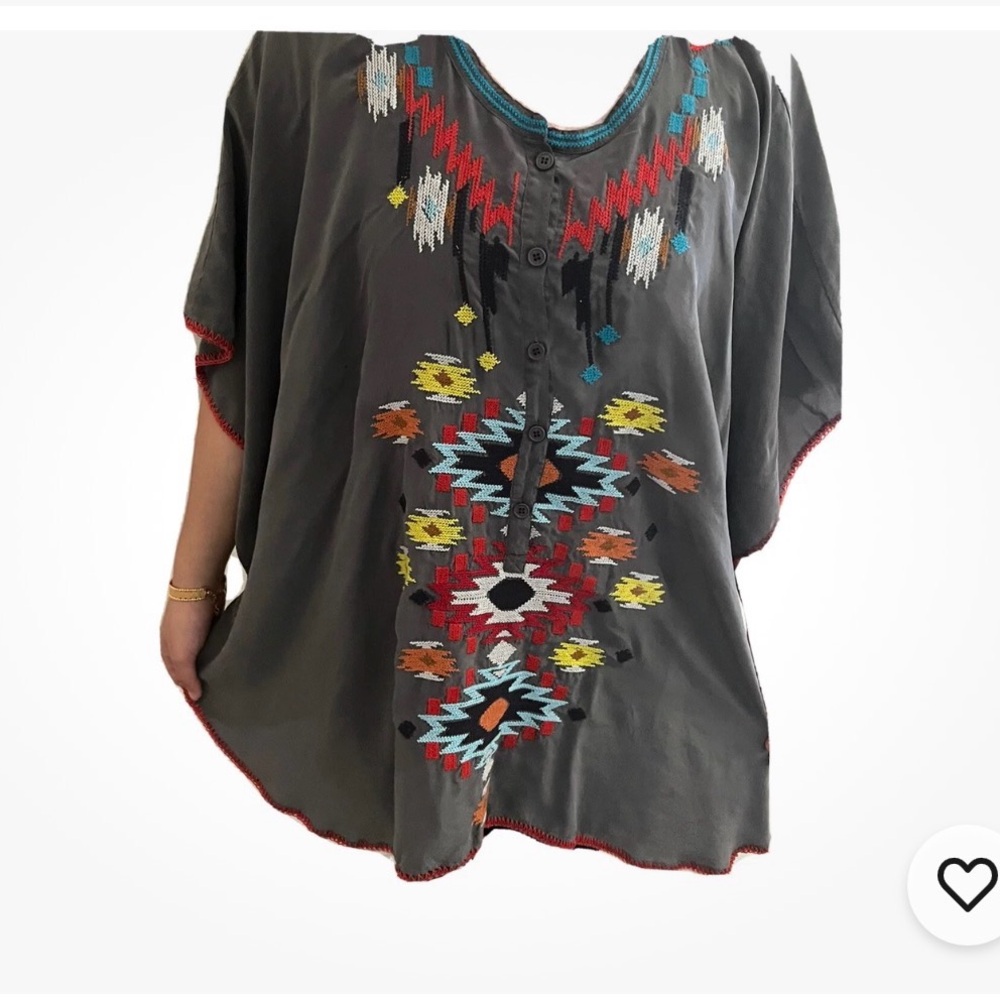 Biya Embroidered Boho Blouse Gray Multicolor Tribal Tunic Top M